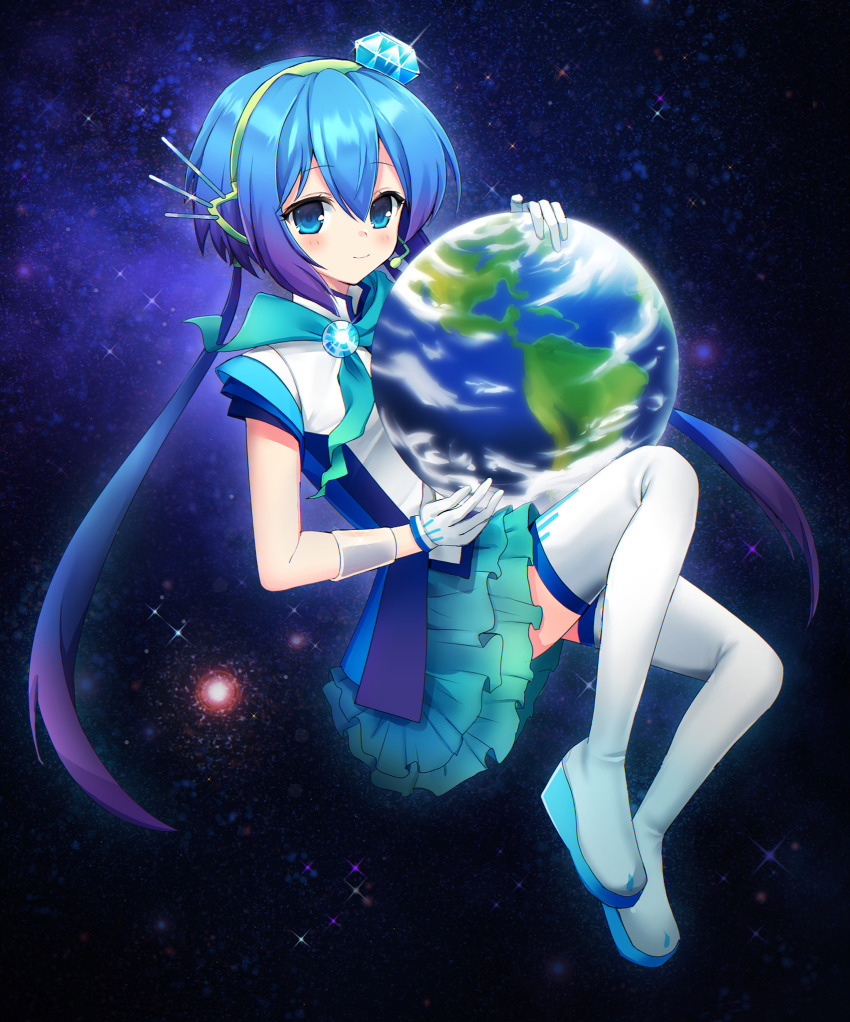 1girl 2000s_(style) aoki_lapis blue_eyes blue_hair blush commentary contributi0ns diamond_(gemstone) earth_(planet) english_commentary full_body gem_hair_ornament giant giantess gloves hair_ornament headset highres holding_planet long_hair looking_at_viewer multicolored_hair planet purple_hair scarf skirt smile solo space thighhighs twintails very_long_hair vocaloid