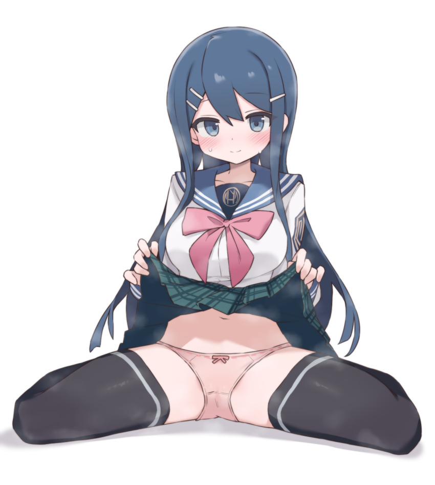 1girl aku0 black_thighhighs blue_eyes blue_hair blue_sailor_collar blush bow bowtie cameltoe closed_mouth clothes_lift commentary danganronpa:_trigger_happy_havoc danganronpa_(series) full_body green_skirt highres looking_at_viewer maizono_sayaka navel panties pink_bow pink_bowtie pink_panties sailor_collar shirt simple_background sitting skirt skirt_lift smile solo sweat thighhighs underwear wariza white_background white_shirt