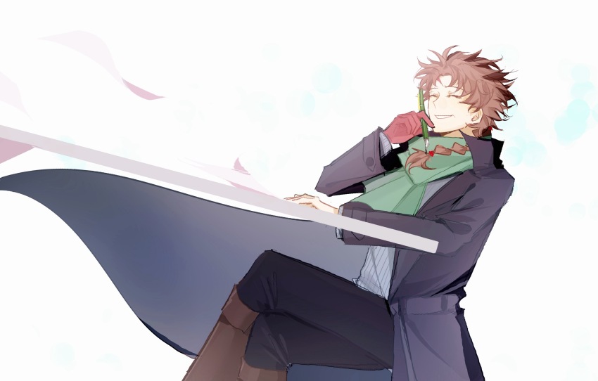 1boy belt black_coat black_hair black_pants braid brown_belt brown_hair chinese_commentary closed_eyes coat commentary_request green_scarf grey_scarf grin harada_minoru highres holding holding_pen long_hair long_sleeves male_focus open_clothes open_coat pants papers pen ribbed_sweater saibou_shinkyoku scar scar_on_face scar_on_forehead scarf side_braids sitting smile solo sweater white_background xilanai