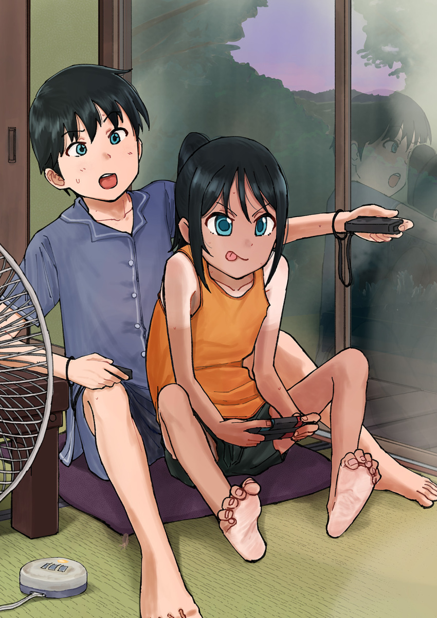 1boy 1girl bare_shoulders barefoot between_legs black_hair black_shorts blue_eyes blue_shirt buttons closet coffee_table collarbone commentary_request cousins dusk electric_fan feet feet_up fingernails flat_chest furrowed_brow glass_door green_shorts hair_between_eyes highres indoors inu_chikushou itoko_no_ko leaning_to_the_side long_hair mountainous_horizon nintendo_switch nozomu_(itoko_no_ko) open_mouth orange_tank_top pillow playing_games ponytail purple_pillow purple_sky reflection shirt short_hair shorts sitting sitting_on_pillow skinny sky smirk soles sou_(itoko_no_ko) spread_legs sweatdrop table tan tank_top tanline tatami teeth toe_scrunch toenails toes tongue tongue_out tree upper_teeth_only wooden_floor wrist_straps