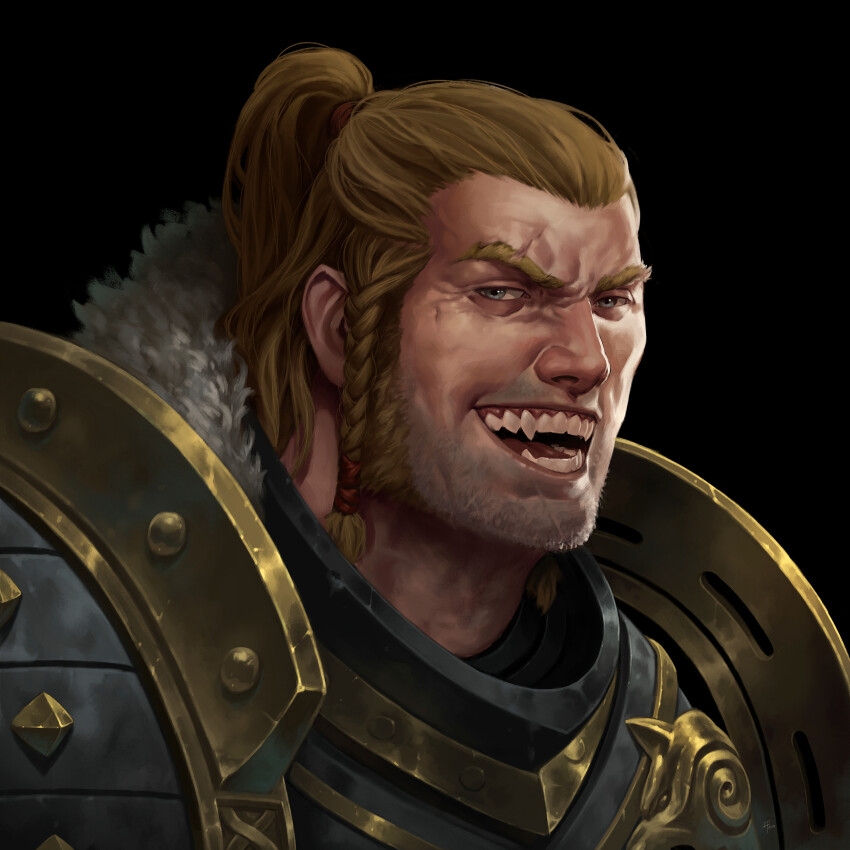 absurdres adrian4rt armor beard_stubble black_background blonde_hair blue_eyes braid facial_hair fur_trim gold_armor grey_armor highres imperium_of_man leman_russ long_hair male_focus open_mouth ponytail power_armor primarch scar semi_realisim sharp_teeth simple_background smile space_wolves stubble teeth viking_braids warhammer_40k
