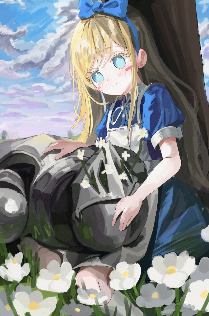 1boy 1girl absurdres against_tree alice_(black_souls) apron armor black_souls blonde_hair blue_bow blue_dress blue_eyes blue_sky bow bow_hairband closed_mouth cloud day dress flat_chest flower full_armor grass grimm_(black_souls) hair_between_eyes hair_bow hairband hand_on_another&#039;s_head highres kagana_helsuki lap_pillow long_hair outdoors puffy_short_sleeves puffy_sleeves short_sleeves sitting sky smile straight_hair tree white_apron white_flower