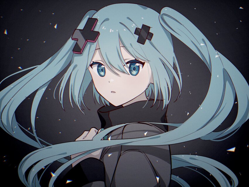 1girl akahito_(akaironotanin) aqua_eyes aqua_hair batsu_miku hair_between_eyes hair_ornament hand_on_own_chest hatsune_miku highres jacket kowareta_sekai_to_utaenai_miku long_hair looking_at_viewer open_mouth project_sekai solo turtleneck turtleneck_jacket twintails upper_body very_long_hair vocaloid x_hair_ornament