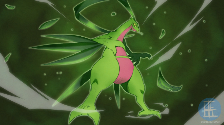 artist_name colored_skin gen_3_pokemon goichimonji green_skin grovyle highres leaf multicolored_skin nintendo no_humans pokemon pokemon_(creature) red_skin solo two-tone_skin yellow_eyes