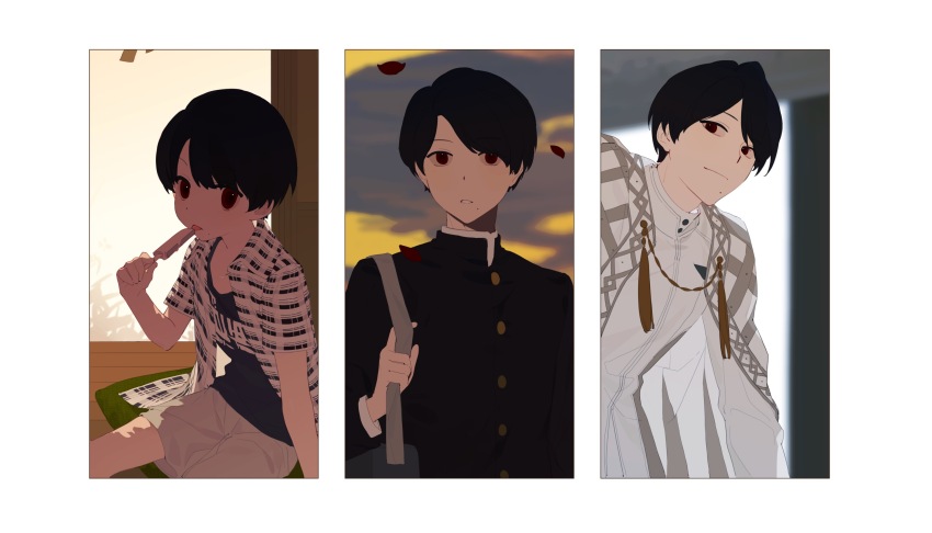 1boy black_hair black_jacket black_shirt chinese_commentary closed_mouth commentary_request food fudgesicle gakuran highres holding holding_food jacket kadota_hiromi kamen_rider kamen_rider_revice male_focus mole mole_under_mouth open_clothes open_shirt pants red_eyes school_uniform shirt short_hair smile tassel v0veiling white_pants white_shirt