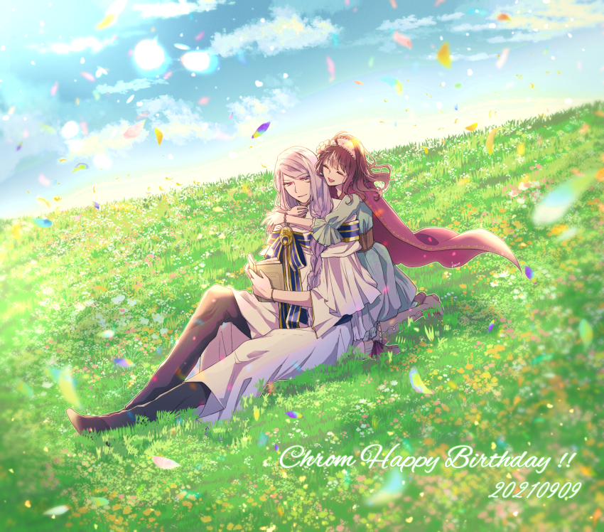 1boy 1girl absurdres ani_inako black_pants blue_dress blue_sky book boots bracelet braid brown_boots cape chrom_rem closed_eyes dame_x_prince dated day dress field grass happy_birthday hetero highres holding holding_book hug hug_from_behind jewelry kneeling kon_(pixiv25778309) long_hair long_sleeves outdoors pants petals red_cape sitting sky