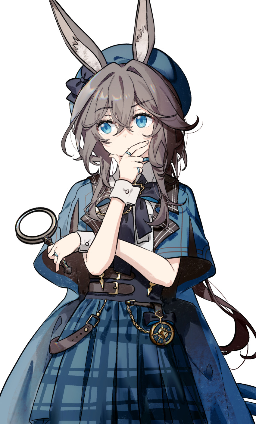 1girl absurdres amiya_(arknights) animal_ear_fluff animal_ears arknights blue_cape blue_eyes blue_hat blue_skirt brown_hair cape closed_mouth collared_shirt commentary cowboy_shot double-parted_bangs hair_between_eyes hat highres holding holding_magnifying_glass jewelry long_hair looking_to_the_side magnifying_glass migolu official_alternate_costume plaid_clothes plaid_skirt pleated_skirt rabbit_ears rabbit_girl ring shirt simple_background skirt solo symbol-only_commentary white_background white_shirt wrist_cuffs