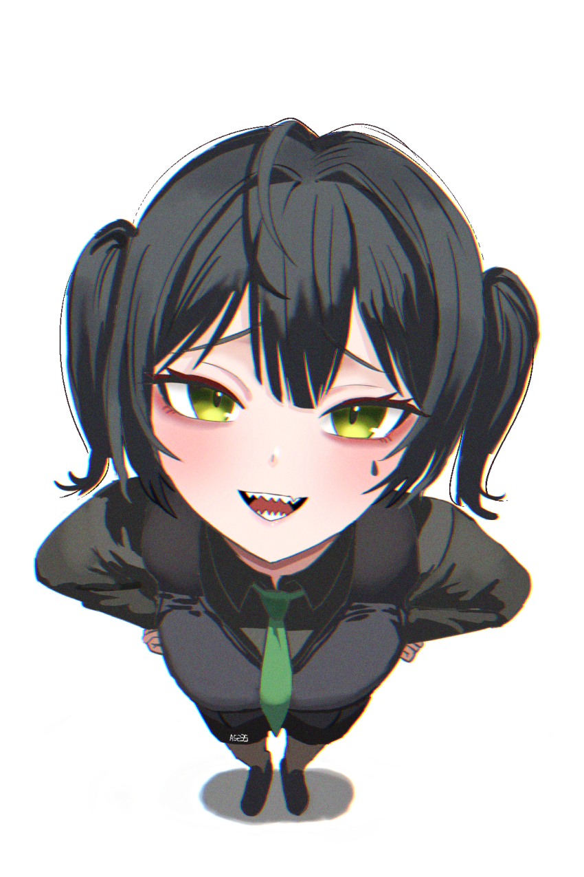1girl a5235 black_shirt death_hammer_chouloky fang green_eyes green_necktie hands_on_own_hips highres long_sleeves looking_at_viewer necktie open_mouth sharp_teeth shirt simple_background solo teardrop_facial_mark teeth twintails virtual_youtuber waktaverse white_background