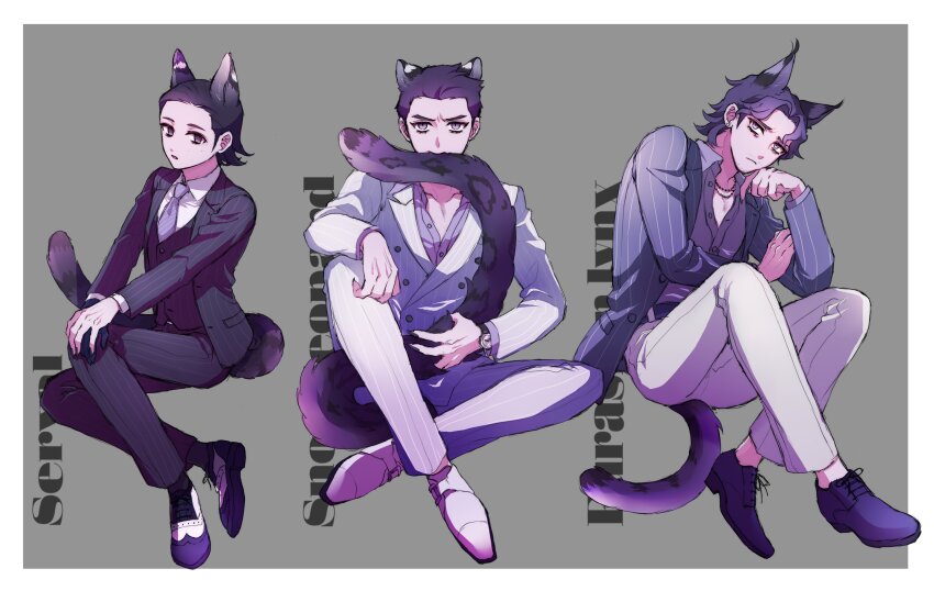 3boys animal_ears animal_name belt black_belt black_eyes black_footwear black_gloves black_hair black_jacket black_pants black_suit black_vest blue_necktie cat_boy cat_ears cat_tail collared_shirt formal_clothes frown full_body gloves grey_background grey_jacket grey_shirt hand_up highres jacket jewelry kiryu_kazuma knee_up knees_up long_sleeves looking_at_viewer male_focus me_8jo multiple_boys necklace necktie oda_jun pants partially_unbuttoned ryuu_ga_gotoku_(series) ryuu_ga_gotoku_0 shirt shoes short_hair single_glove sitting suit tachibana_tetsu tail vest watch white_footwear white_jacket white_pants white_shirt wristwatch