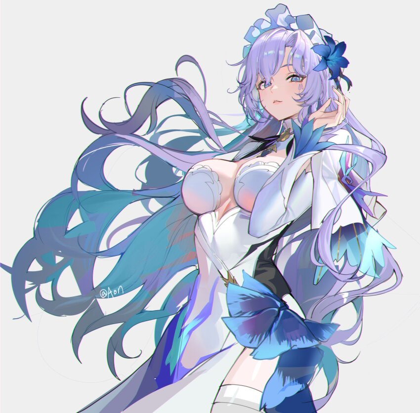 1girl a_(sofi3103) blue_eyes blue_flower breasts cantarella_(wuthering_waves) commentary commentary_typo cowboy_shot dress facial_mark flower grey_background hair_flower hair_ornament hand_up headdress highres large_breasts long_hair looking_at_viewer mark_under_eye parted_lips purple_hair side_slit simple_background solo thighhighs thighs very_long_hair white_dress white_thighhighs wind wuthering_waves