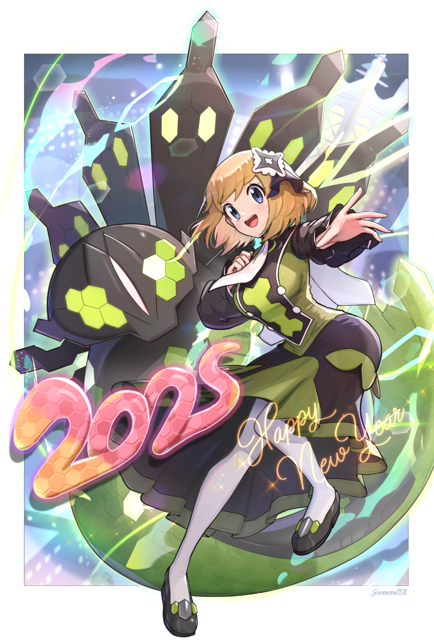 1girl 2025 :d absurdres ascot blonde_hair blue_eyes border breasts buttons commentary_request eyelashes gen_6_pokemon gonzarez grey_pantyhose happy_new_year highres large_breasts legendary_pokemon long_sleeves new_year nintendo official_alternate_costume open_mouth outside_border outstretched_arm pantyhose pokemon pokemon_(creature) pokemon_masters_ex serena_(pokemon) serena_(sygna_suit)_(pokemon) shoes short_hair smile tongue white_ascot white_border zygarde zygarde_(50%) zygarde_(50)