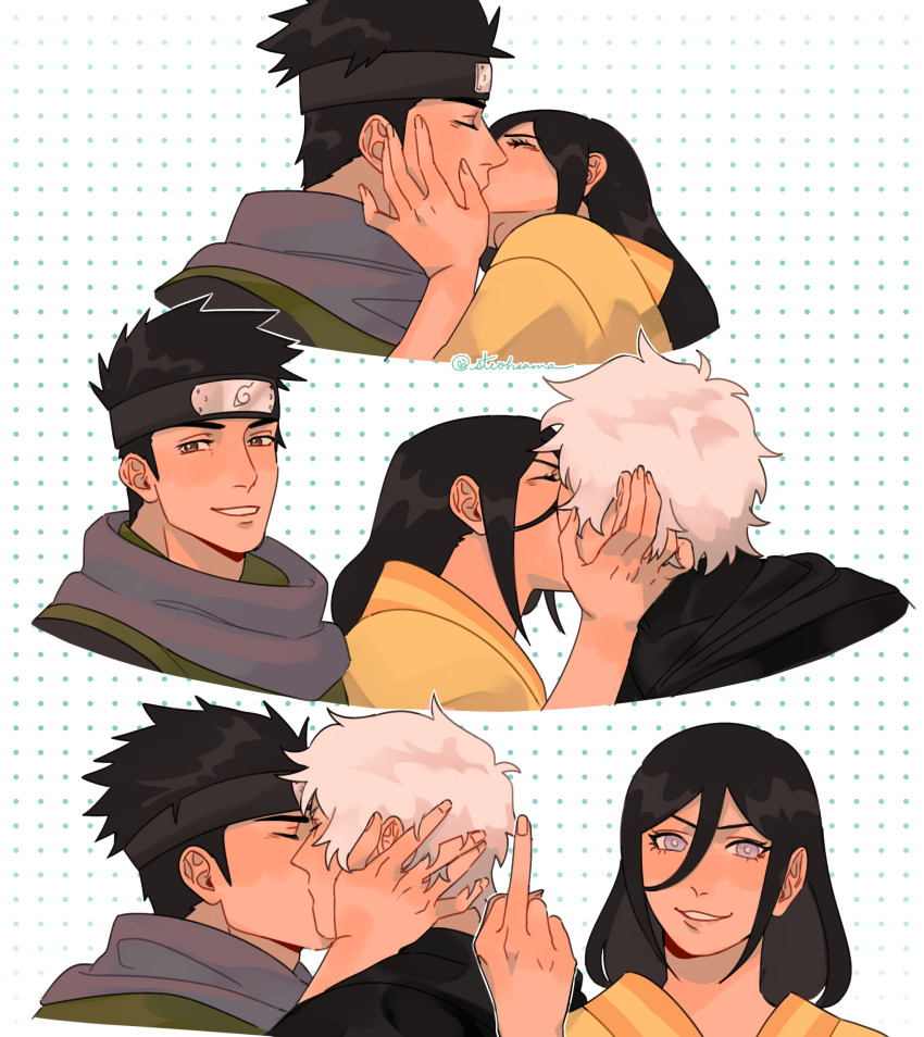 1girl 2boys bisexual_male black_hair black_headband boruto:_naruto_next_generations brown_eyes commentary elite_throuple_kiss_(meme) english_commentary forehead_protector headband highres hyuuga_hanabi japanese_clothes konohagakure_symbol log_(naruto) meme middle_finger multiple_boys naruto_(series) purple_eyes sarutobi_konohamaru signature steohsama white_hair