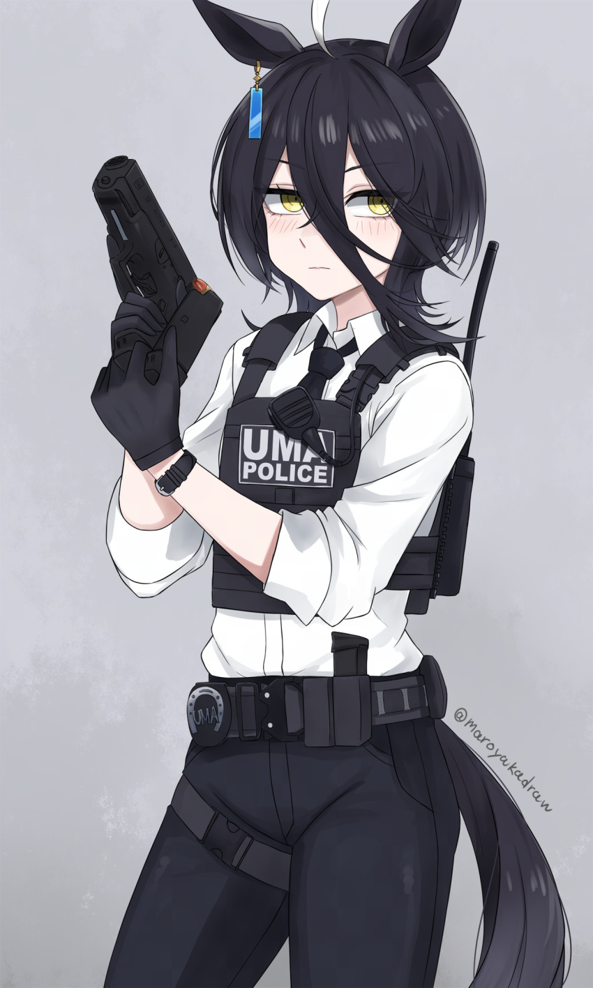 1girl ahoge alternate_hair_length alternate_hairstyle animal_ears belt black_belt black_hair black_necktie black_pants black_vest blush bulletproof_vest closed_mouth collared_shirt ear_tag earrings embarrassed grey_background gun hair_between_eyes handgun hands_up highres holding holding_gun holding_magazine_(weapon) holding_weapon holster horse_ears horse_girl horse_tail ibuki_grunt jewelry light_frown long_hair_between_eyes loose_necktie magazine_(weapon) manhattan_cafe_(umamusume) medium_hair multicolored_hair necktie pants police police_uniform radio_antenna shirt shirt_tucked_in simple_background single_earring solo tail thigh_holster twitter_username umamusume vest walkie-talkie weapon white_hair white_shirt wolf_cut yellow_eyes