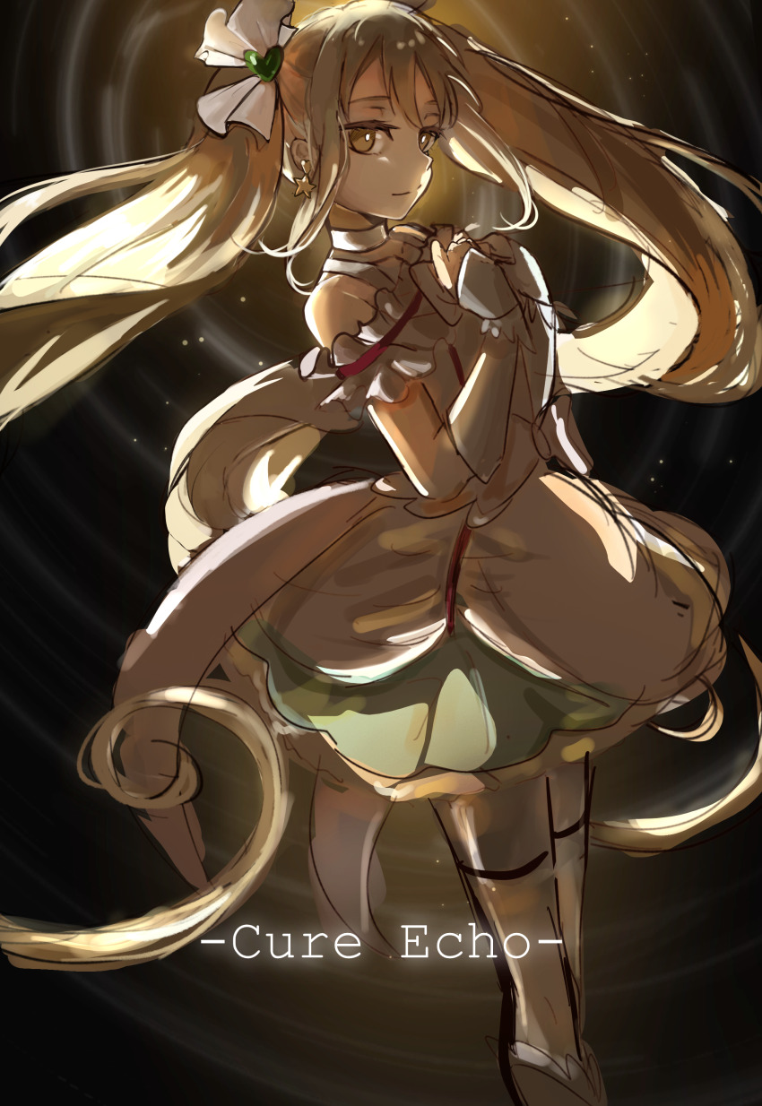 1girl absurdres bare_shoulders black_background blonde_hair boots bow bowtie character_name choker closed_mouth clothing_cutout coattails cure_echo dress earrings feet_out_of_frame frilled_arm_warmers frilled_skirt frilled_sleeves frills green_skirt hair_bow hair_ornament hand_on_own_chest heart heart_hair_ornament highres jewelry knee_boots light_particles long_hair magical_girl miniskirt pleated_skirt precure precure_all_stars sakagami_ayumi short_dress short_sleeves shoulder_cutout skirt skirt_under_dress smile solo standing star_(symbol) star_earrings thighhighs twintails very_long_hair white_arm_warmers white_boots white_bow white_bowtie white_choker white_dress white_thighhighs xiao_gu_(xg112) yellow_eyes