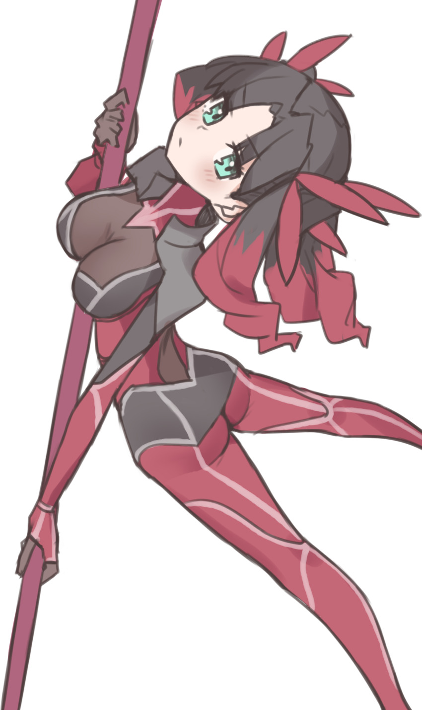 absurdres ass black_bodysuit bodysuit breasts brown_hair cosplay cu_chulainn_(fate) cu_chulainn_(fate/extra) cu_chulainn_(fate/extra)_(cosplay) fate/extra fate/extra_last_encore fate_(series) gae_bolg_(fate) green_eyes highres kopaka_(karda_nui) medium_breasts multicolored_hair parted_bangs polearm red_bodysuit red_hair solo spear thighs tohsaka_rin tohsaka_rin_(fate/extra) tohsaka_rin_(lancer) two-tone_bodysuit two-tone_hair two_side_up weapon