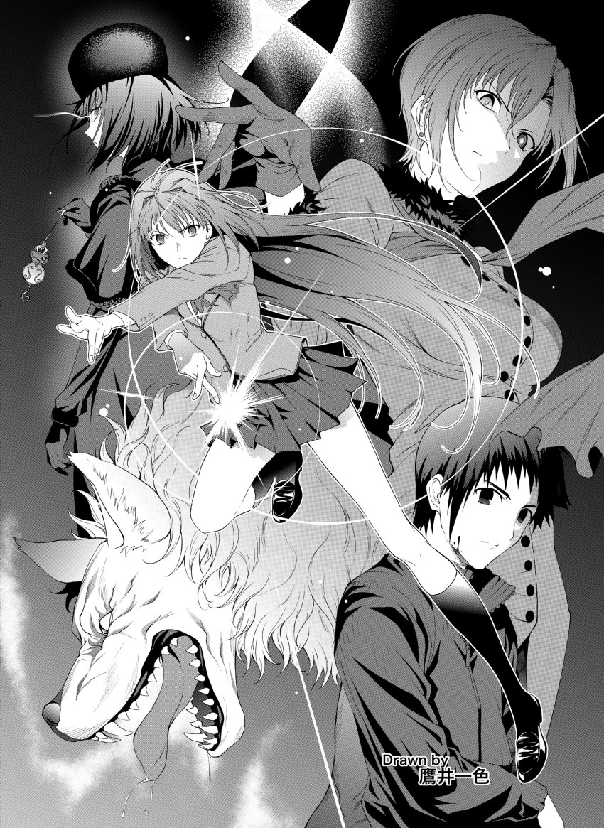 2boys 3girls absurdres aozaki_aoko aozaki_touko aozaki_touko_(mahou_tsukai_no_yoru) artist_name blazer blood blood_on_face capelet coat collared_jacket earrings fur-trimmed_sleeves fur_collar fur_hat fur_trim greyscale hat highres jacket jewelry kneehighs kuonji_alice loafers long_hair lugh_beowulf lugh_beowulf_(wolf) mahou_tsukai_no_yoru monochrome multiple_boys multiple_girls pleated_skirt scarf school_uniform sharp_teeth shizuki_soujuurou shoes short_hair skirt socks stud_earrings takai_isshiki teeth tongue tongue_out ushanka wolf