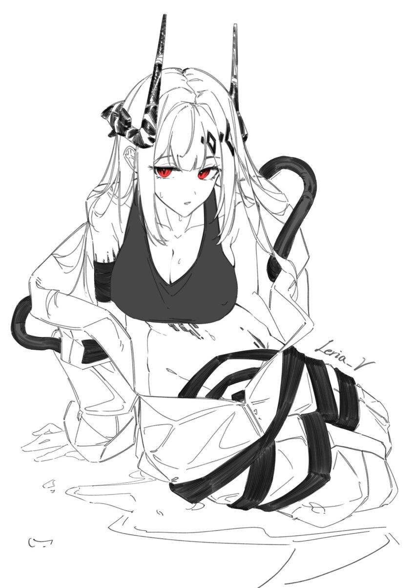 1girl arknights bare_shoulders breasts cleavage commentary crop_top greyscale groin highres horns large_breasts leria_v long_hair looking_at_viewer material_growth monochrome mudrock_(arknights) mudrock_(elite_ii)_(arknights) off_shoulder oripathy_lesion_(arknights) parted_lips red_eyes simple_background sketch sleeveless solo sports_bra spot_color sweat white_background