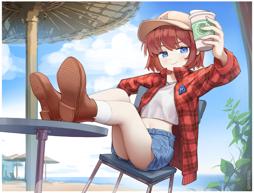 1girl baseball_cap beach beach_umbrella big_a_chan blue_eyes blue_sky blush bob_cut border brown_hair brown_shoes chair closed_mouth cloud cloudy_sky coffee commission commissioner_upload crop_top cup day denim denim_shorts disposable_coffee_cup disposable_cup fang flannel full_body hat highres holding holding_cup horizon landscape leaning_back long_sleeves looking_at_viewer midriff navel ocean original outdoors outstretched_arm plant reclining scenery shirt shoes short_hair shorts sitting skin_fang sky smile socks solo table umbrella vrabius water watermark white_border white_shirt white_socks