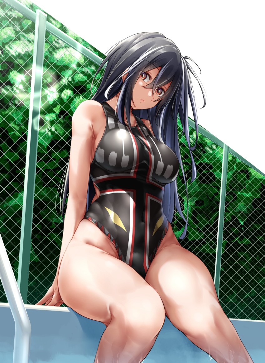 1girl absurdres alternate_costume arm_support azur_lane bare_shoulders black_hair black_one-piece_swimsuit breasts chain-link_fence character_name closed_mouth collarbone competition_swimsuit covered_navel day fence groin hair_between_eyes highleg highres large_breasts lens_flare long_hair looking_at_viewer multicolored_hair one-piece_swimsuit one_side_up oriue_wato outdoors page_number poolside red_eyes sidelocks sitting soaking_feet solo streaked_hair swimsuit u-47_(azur_lane) white_hair