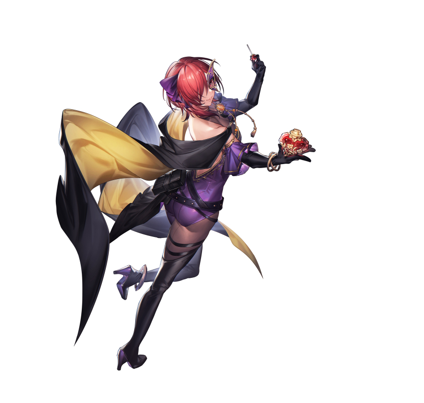1girl absurdres ass backless_outfit bare_shoulders belt bodysuit boots bottle bracelet breasts cape commentary_request elbow_gloves fire_emblem fire_emblem:_the_blazing_blade fire_emblem_heroes full_body gloves gold_trim hair_ornament high_heel_boots high_heels highres holding jewelry leg_up leila_(fire_emblem) leila_(thief)_(fire_emblem) looking_away mask medium_breasts mole mole_under_mouth multiple_belts necklace nintendo official_art pantyhose parted_lips perfume_bottle purple_bodysuit red_eyes red_hair shiny_clothes short_hair simple_background skin_tight smile solo thigh_boots white_background