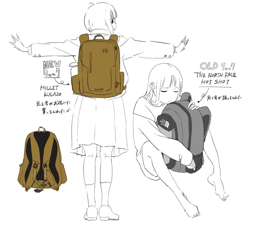 2girls backpack bag barefoot closed_eyes english_text full_body greyscale highres looking_at_viewer looking_back monochrome multiple_girls original osakana_tomika outstretched_arms sitting spread_arms t-pose