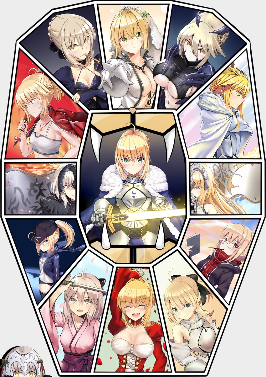 10s 6+girls :d :t ^_^ absurdres ahoge aqua_eyes arm_up armor artoria_pendragon_(fate) artoria_pendragon_(lancer)_(fate) artoria_pendragon_(lancer_alter)_(fate) bandeau baseball_cap bell between_breasts black_bow blonde_hair blue_eyes blue_scarf blush bodysuit book bow braid breastplate breasts bridal_veil candy chain chocolate chocolate_bar cleavage cloak closed_eyes closed_mouth coat collarbone covered_mouth crown duffel_coat eating epaulettes fate/apocrypha fate/extra fate/extra_ccc fate/grand_order fate/stay_night fate/unlimited_codes fate_(series) faulds food foreshortening french_braid from_side fur_trim gauntlets glasses glint green_eyes grey_hair gym_uniform hair_between_eyes hair_bow hair_intakes half_updo hat headpiece highres holding holding_book holding_sword holding_weapon i.f.s.f interlocked_fingers jacket jacket_on_shoulders japanese_clothes jeanne_d&#039;arc_(fate) jeanne_d&#039;arc_(ruler)_(fate) jeanne_d&#039;arc_(third_ascension)_(fate) jeanne_d&#039;arc_alter_(avenger)_(fate) jeanne_d&#039;arc_alter_(fate) jeanne_d&#039;arc_alter_santa_lily_(fate) juliet_sleeves katana kimono koha-ace large_breasts lock long_hair long_sleeves look-alike looking_at_viewer medium_breasts mordred_(fate) mordred_(fate/apocrypha) mouth_hold multiple_girls mysterious_heroine_x_(fate) mysterious_heroine_x_(second_ascension)_(fate) mysterious_heroine_x_alter_(fate) mysterious_heroine_x_alter_(first_ascension)_(fate) name_tag nero_claudius_(bride)_(fate) nero_claudius_(fate) nero_claudius_(fate)_(all) nero_claudius_(fate/extra) obi okita_souji_(fate) okita_souji_(koha-ace) open_clothes open_coat open_jacket open_mouth out_of_frame outstretched_arm own_hands_together parted_lips pauldrons peeking_out petals pink_kimono plaid_clothes plaid_scarf platinum_blonde_hair pocky pointing pointing_at_viewer ponytail puffy_sleeves red_scarf rimless_eyewear rojiura_satsuki:_chapter_heroine_sanctuary saber_(fate) saber_alter saber_alter_(third_ascension) saber_lily saber_lion sash scarf shoulder_armor sidelocks smile standard_bearer sword teeth twitter_username underboob unzipped upper_body veil weapon yellow_eyes