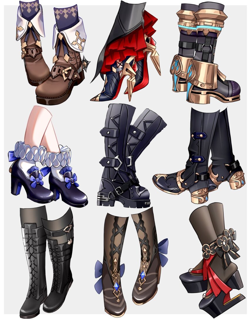 4girls 5boys arlecchino_(genshin_impact) black_footwear boots brown_footwear chiori_(genshin_impact) commentary_request freminet_(genshin_impact) furina_(genshin_impact) genshin_impact grey_background high_heels highres kuromuru lace-up_boots lyney_(genshin_impact) mika_(genshin_impact) multiple_boys multiple_girls navia_(genshin_impact) neuvillette_(genshin_impact) simple_background socks spurs white_socks wriothesley_(genshin_impact)