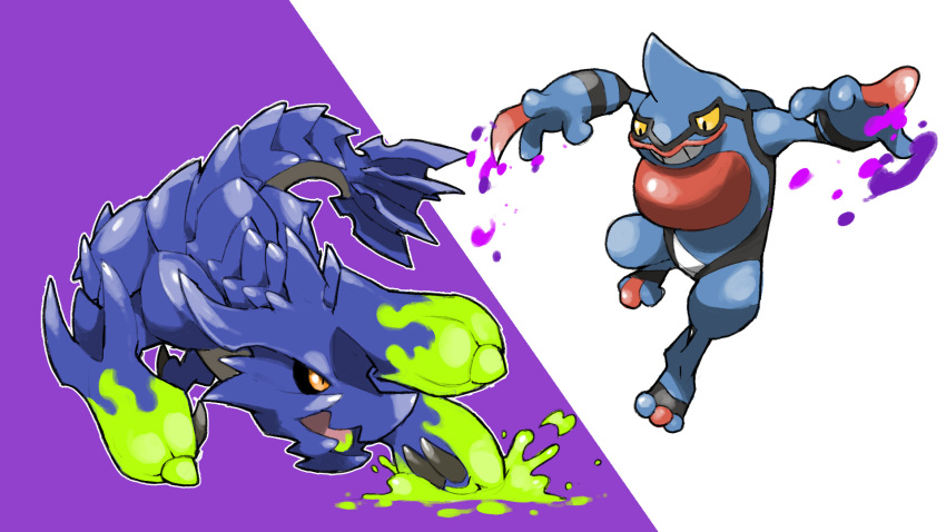 black_sclera blacknirrow brachydios claws colored_sclera creatures_(company) crossover game_freak gen_4_pokemon highres jumping midair monster monster_hunter_(series) nintendo no_humans open_mouth orange_eyes outline poison pokemon pokemon_(creature) purple_background simple_background teeth toxicroak two-tone_background white_background white_outline yellow_eyes