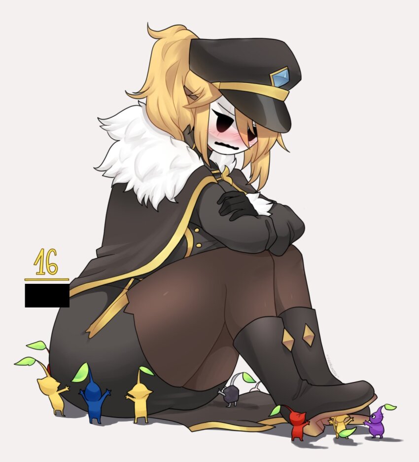 1girl 2023 artist_name ass bar_censor black_boots black_gloves black_jacket black_pantyhose blonde_hair blue_pikmin blush boots borrowed_character breasts cape carrying carrying_person censored commentary commission crossed_arms crossover embarrassed english_commentary fur-trimmed_jacket fur-trimmed_sleeves fur_trim gameplay_mechanics gloves hair_over_one_eye hat highres jacket kicking large_breasts leg_up locket_white_(bakalorin) long_sleeves mario_(series) military_hat military_jacket motion_lines nintendo original pantyhose pikmin_(creature) pikmin_(series) purple_pikmin red_pikmin rock_pikmin serious shy_gal signature simple_background standing standing_on_one_leg straight-on swept_bangs teeth thick_thighs thighs wavy_mouth white_background white_mask white_pikmin yellow_pikmin yellow_trim yuunkurosu