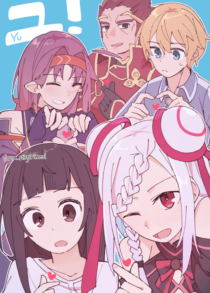 2boys 3girls :d :o ;d ahoge armor artist_name bare_shoulders black_bow black_bowtie black_dress black_eyes black_gloves black_hair blonde_hair blue_background blue_eyes blue_shirt blush bow bowtie braid closed_eyes closed_mouth detached_ahoge dress eugene_(sao) eugeo finger_heart fingerless_gloves four-finger_heart_hands gloves hair_between_eyes hairband heart heart_hands highres long_hair looking_at_viewer multiple_boys multiple_girls name_connection one_eye_closed open_mouth outline pointy_ears purple_gloves purple_hair red_armor red_bow red_bowtie red_eyes red_hair red_hairband shirt short_hair smile sweatdrop sword_art_online tuna_nigirimesi two-tone_bow two-tone_bowtie upper_body white_hair white_outline white_shirt yui_(sao) yuna_(sao) yuuki_(sao)