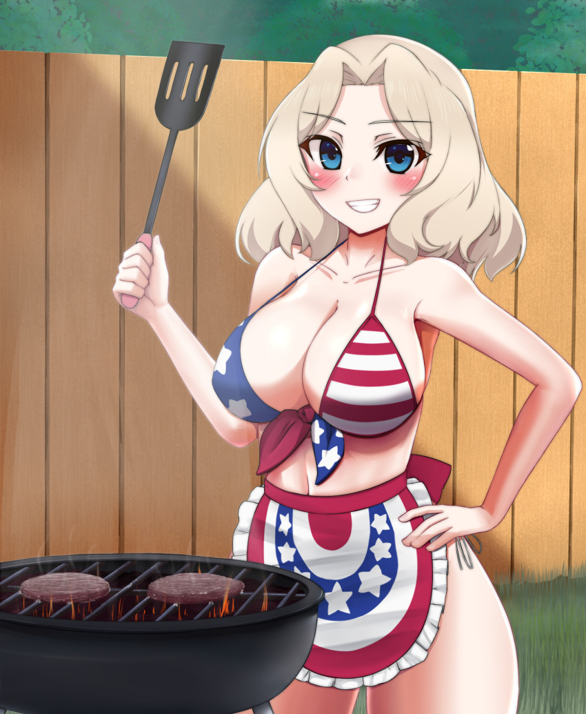 1girl american_flag american_flag_bikini american_flag_print apron bikini blonde_hair blue_eyes blush breasts burger cleavage collarbone cooking day fence fire flag_print food girls_und_panzer grass grill grilling grin hair_intakes hand_on_own_hip highres holding holding_spatula kay_(girls_und_panzer) large_breasts lemonuck navel outdoors print_apron print_bikini smile smoke solo spatula swimsuit
