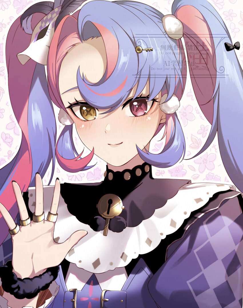 1girl closed_mouth commentary_request eye_mask fingernails heterochromia highres key_hair_ornament light_blush looking_at_viewer mask mask_on_head multicolored_hair not_tatenaname pink_eyes pink_hair portrait purple_hair roccia_(wuthering_waves) smile solo symbol-shaped_pupils twintails two-tone_hair waving wuthering_waves x-shaped_pupils yellow_eyes