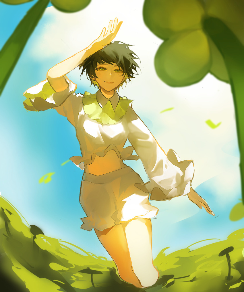 1girl alternate_costume arm_up blue_sky chinese_commentary closed_mouth collared_shirt commentary_request day flower green_eyes green_hair highres isoi_rai juw10 long_sleeves outdoors saibou_shinkyoku shirt short_hair shorts sky smile solo wading white_shirt white_shorts