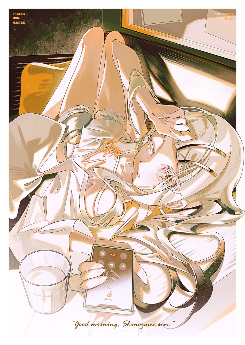 1girl blonde_hair blue_shorts border brown_eyes camisole cellphone coat colored_eyelashes cup denim denim_shorts english_text gakuen_idolmaster hair_ornament hairclip highres holding holding_phone idolmaster long_hair looking_at_viewer lying milk ny3z on_back one_eye_closed open_clothes open_coat parallel_hairclips parted_lips phone shinosawa_hiro short_shorts shorts smartphone solo white_border white_camisole white_coat