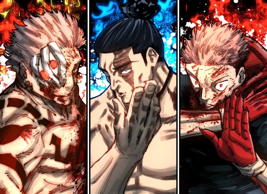 3boys akutami_gege artist_collaboration battle black_hair blood blood_on_face blowing_kiss colorized contrast extra_eyes highres itadori_yuuji jjk_myaa jujutsu_kaisen male_focus monster_boy multiple_boys muscular muscular_male pectorals ryoumen_sukuna_(jujutsu_kaisen) ryoumen_sukuna_(true_form)_(jujutsu_kaisen) scar scar_across_eye scar_on_face serious short_hair sideburns spoilers third-party_edit toudou_aoi_(jujutsu_kaisen) undercut upper_body