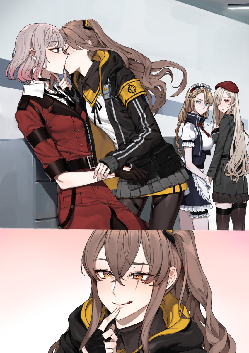 4girls apron aqua_eyes belt beret black_choker black_gloves black_jacket black_legwear black_necktie black_skirt blonde_hair blush braid braided_ponytail breasts brown_eyes brown_hair choker closed_mouth commission feet_out_of_frame finger_to_mouth fingerless_gloves g36_(girls&#039;_frontline) g36c_(girls&#039;_frontline) gentiane_(girls&#039;_frontline) girls&#039;_frontline gloves grey_skirt griffin_&amp;_kryuger_military_uniform hand_on_another&#039;s_arm hand_on_another&#039;s_chin hat highres jacket kiss kuuky leaning_back licking_lips lips long_hair long_sleeves looking_at_another looking_at_viewer maid maid_apron maid_headdress medium_breasts medium_hair multicolored_hair multiple_girls neck_ribbon necktie open_clothes open_jacket pantyhose pink_hair red_eyes red_jacket red_necktie ribbon scar scar_across_eye scar_on_face shirt short_sleeves side_ponytail skirt sleeves_rolled_up small_breasts smile standing streaked_hair thighhighs tongue tongue_out ump45_(girls&#039;_frontline) walkie-talkie white_apron white_gloves white_shirt yuri