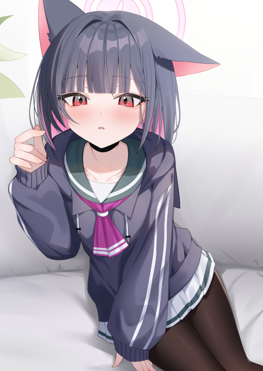 1girl absurdres animal_ears black_choker black_hair black_jacket black_pantyhose blue_archive blush cat_ears cat_girl choker colored_inner_hair extra_ears green_sailor_collar halo highres jacket kazusa_(blue_archive) long_sleeves looking_at_viewer multicolored_hair neckerchief pantyhose parted_lips pink_hair pink_halo pleated_skirt purple_neckerchief red_eyes sailor_collar sitting skirt solo two-tone_hair wendao white_skirt
