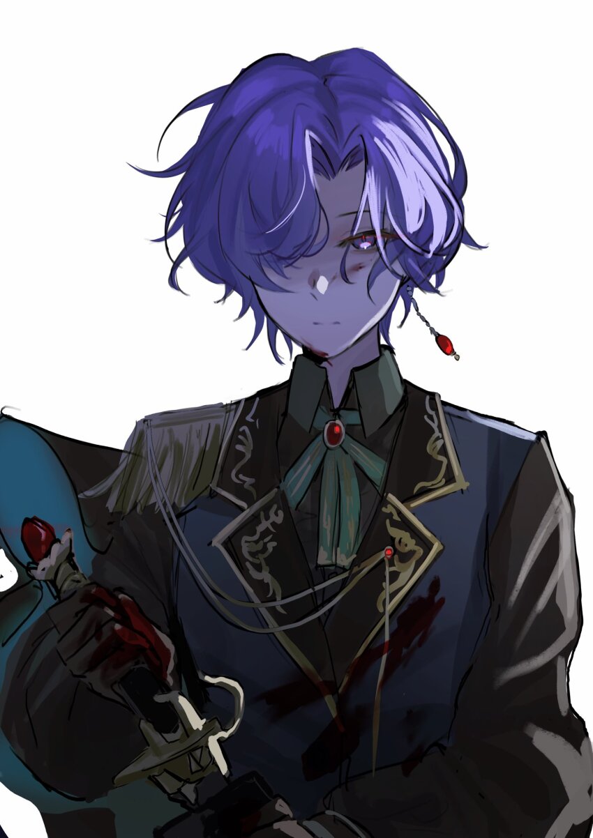 1girl aiguillette androgynous asahina_mafuyu black_shirt blue_vest brooch closed_mouth collared_shirt colored_lapels commentary curtained_hair dirty dirty_face earrings green_ribbon hair_over_one_eye hashtag-only_commentary highres holding holding_sword holding_weapon jewelry lapels long_sleeves looking_at_viewer neck_ribbon notched_lapels official_alternate_costume official_alternate_hair_length official_alternate_hairstyle project_sekai purple_eyes purple_hair red_brooch relax_teatime_(project_sekai) reverse_trap ribbon sheath shirt short_hair simple_background single_earring solo sword unsheathing upper_body vest weapon white_background yama37427989191