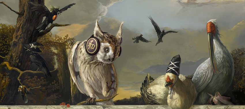 amibazh animal animalization bare_tree bat_(animal) bird bow charisma_guard chicken commentary_request crested_ibis crow earmuffs fine_art_parody flying fujiwara_no_mokou green_bow hat himekaidou_hatate himekaidou_hatate_(crow) kirisame_marisa kirisame_marisa_(crow) looking_at_another mononobe_no_futo mononobe_no_futo_(chicken) mystia_lorelei no_humans outdoors owl parody realistic red_eyes reiuji_utsuho reiuji_utsuho_(bird) remilia_scarlet remilia_scarlet_(bat) shameimaru_aya shameimaru_aya_(crow) slit_pupils sparrow spread_wings standing tate_eboshi third_eye tokiko_(touhou) tokiko_(touhou)_(bird) touhou toyosatomimi_no_miko toyosatomimi_no_miko_(owl) tree witch_hat
