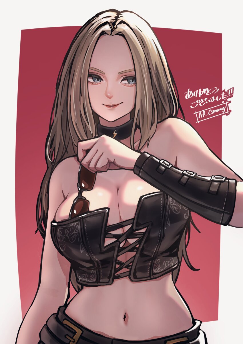 1girl absurdres ap_cammy belt blonde_hair blue_eyes border breasts choker cleavage crop_top devil_may_cry_(series) gradient_background highres large_breasts leather leather_pants lips long_hair looking_at_viewer midriff navel nose pants red_background smile sunglasses trish_(devil_may_cry) white_border