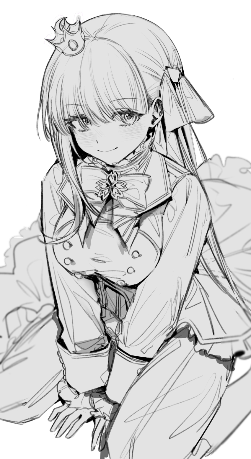 1girl absurdres bb_(fate) bb_(flower_parade)_(fate) between_legs bow bowtie breasts brooch buttons closed_mouth crown double-breasted fate/extra fate/extra_ccc fate_(series) formal_clothes greyscale hair_behind_ear hand_between_legs hands_on_floor highres jewelry large_breasts light_blush long_hair long_sleeves looking_at_viewer mini_crown monochrome official_alternate_costume okchun pants simple_background single_sidelock sitting sleeves_past_wrists smile solo straight_hair very_long_hair wariza white_background