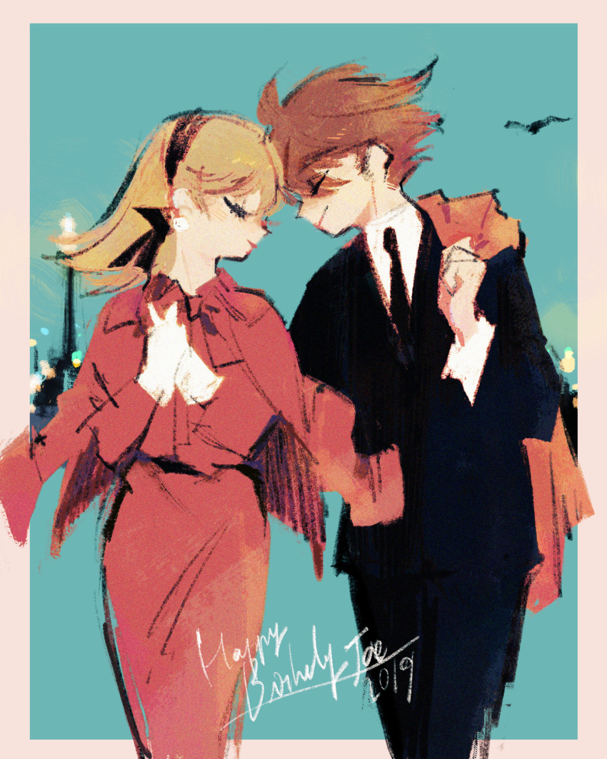 ahoge black_hairband black_suit blonde_hair brown_hair closed_eyes coat couple cyborg cyborg_009 dress earrings forehead-to-forehead formal_clothes francoise_arnoul hair_over_one_eye hairband heads_together highres holding holding_coat holding_unworn_clothes jewelry light_smile manodemarina own_hands_clasped own_hands_together red_dress shimamura_joe shirt suit unworn_coat white_shirt
