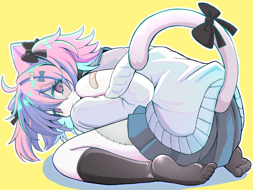 1girl :&gt; absurdres ahoge animal_ears bandaid bandaid_on_shoulder barefoot bent_over black_bow black_skirt black_socks borrowed_character bow cat_ears cat_girl closed_mouth colored_skin commission full_body grey_sweater grey_tail hair_bow hand_on_own_face hand_up highres kneehighs light_blush looking_at_viewer looking_back moroboshi_meteo off_shoulder original outline pink_hair pleated_skirt purple_eyes second-party_source sitting skeb_commission skirt smile socks stitched_face stitches sweater swept_bangs tail tail_bow tail_ornament wariza white_outline white_skin yellow_background zombie