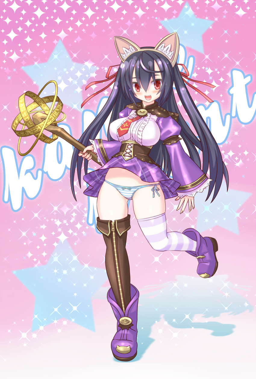 1girl animal_ear_hairband animal_ears black_hair blue_panties boots breasts cat_ear_hairband cat_ears corset emil_chronicle_online fake_animal_ears hair_ribbon hairband highres holding holding_staff large_breasts long_hair necktie open_mouth panties plump purple_boots purple_thighhighs red_eyes red_necktie red_ribbon ribbon serizawa_(knight2020) staff standing standing_on_one_leg striped_clothes striped_panties striped_thighhighs syugoma_kanade thighhighs thighs twintails underwear