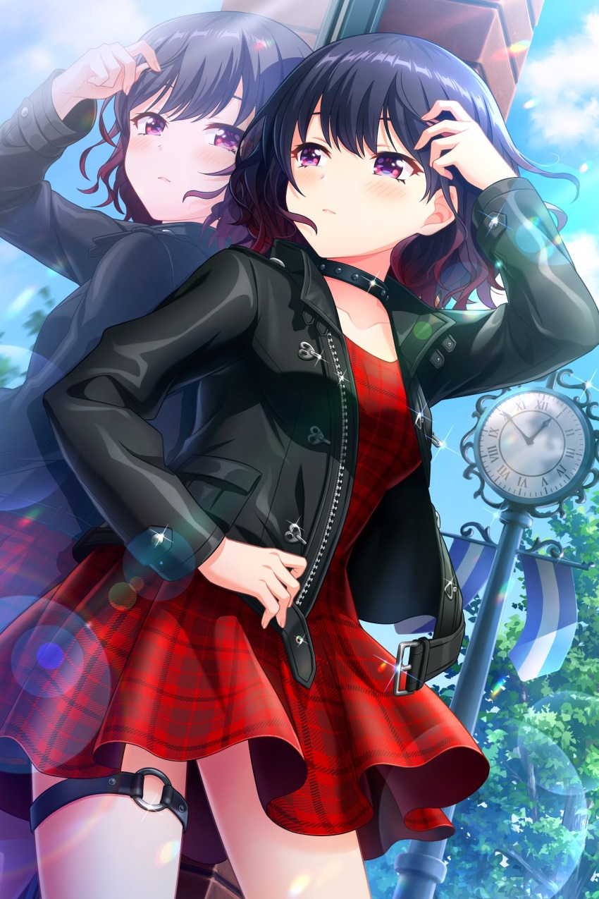 1girl absurdres adjusting_hair alternate_hairstyle alternative_girls analog_clock arm_up banner belt_buckle black_choker black_hair black_jacket blue_sky blush breasts buckle choker clock closed_mouth cloud collarbone commentary_request day dress dutch_angle gradient_hair highres jacket leather leather_jacket lens_flare long_sleeves looking_at_reflection medium_breasts multicolored_hair o-ring o-ring_thigh_strap official_art onitsuka_chiho outdoors plaid_clothes plaid_dress purple_eyes purple_hair red_dress reflection second-party_source short_hair sky solo sparkle studded_choker thigh_strap tree unzipped wavy_hair window