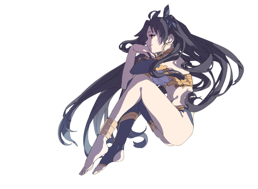 ankle_cuffs ass bare_legs barefoot black_hair bow earrings fate/grand_order fate_(series) gold_earrings hair_bow highres ishtar_(fate) ishtar_(puzzle_&amp;_dragons) ishtar_(sailor_moon) jewelry midriff single_sock smile socks white_background yama_ta_yomogi