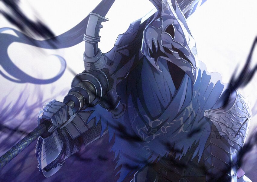 1boy artist_name artorias_the_abysswalker aura blurry blurry_foreground civ154 covered_face dark_aura dark_souls_(series) dark_souls_i greatsword hashtag-only_commentary helmet highres holding holding_sword holding_weapon male_focus solo standing sword watermark weapon white_background