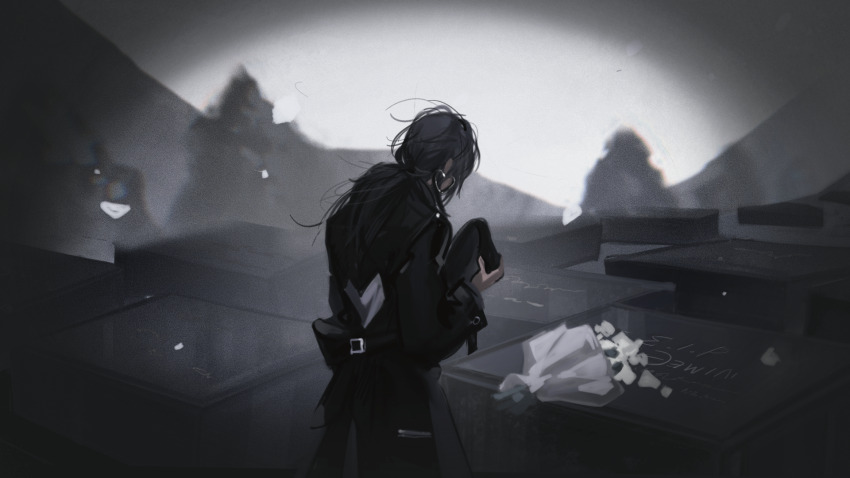 1girl black_coat black_hair black_hat bouquet bowing chinese_commentary coat commentary deren_(path_to_nowhere) earrings feet_out_of_frame flower from_behind funeral grave hat heart heart_earrings highres holding holding_unworn_clothes holding_unworn_hat hoop_earrings jewelry long_hair low_ponytail miaotae path_to_nowhere ponytail solo spot_color tombstone trench_coat unworn_hat unworn_headwear white_flower