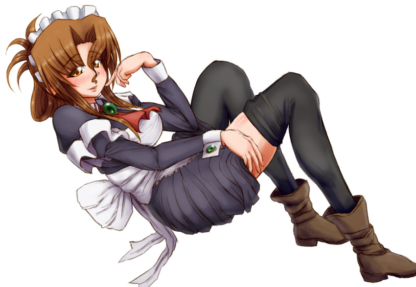 1girl apron blue_dress blush boots breasts brown_hair clothes_lift collared_dress dress folded_ponytail frilled_apron frills hayate_no_gotoku! jewelry juliet_sleeves large_breasts long_dress long_hair long_sleeves looking_at_viewer maid maid_headdress maria_(hayate_no_gotoku!) ponponmaru puffy_sleeves red_eyes skirt skirt_lift smile solo strap_slip thighhighs thighs white_apron