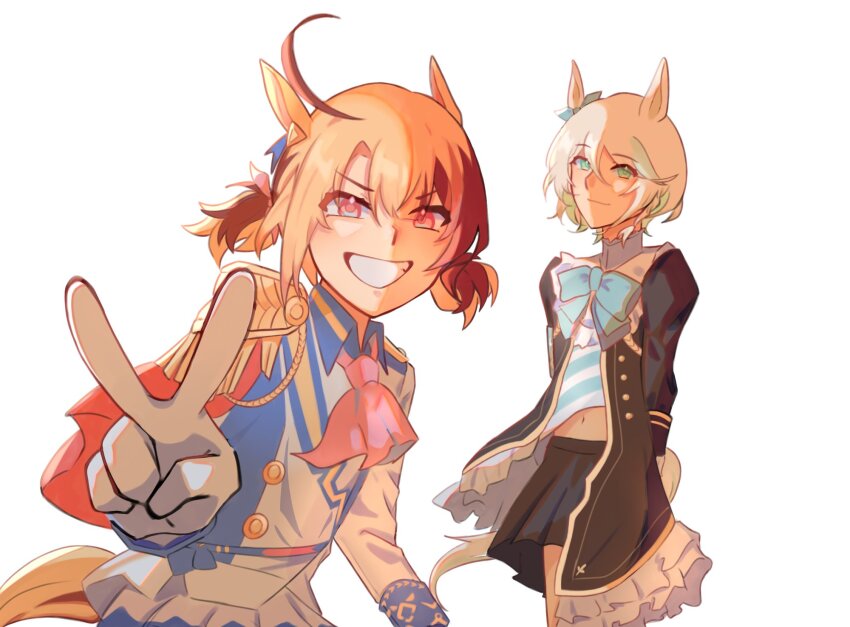 2girls alternate_costume animal_ears black_dress blonde_hair blue_dress bow brown_hair cecilia_immergreen cosplay dress gigi_murin green_eyes highres hololive hololive_english horse_ears horse_girl horse_tail kemonomimi_mode mejiro_mcqueen_(umamusume) multiple_girls pink_bow pink_eyes shimakaze_(kancolle) shimakaze_(kancolle)_(cosplay) tail tokai_teio_(beyond_the_horizon)_(umamusume) tokai_teio_(umamusume) tumbaalproyek umamusume v virtual_youtuber white_dress white_hair